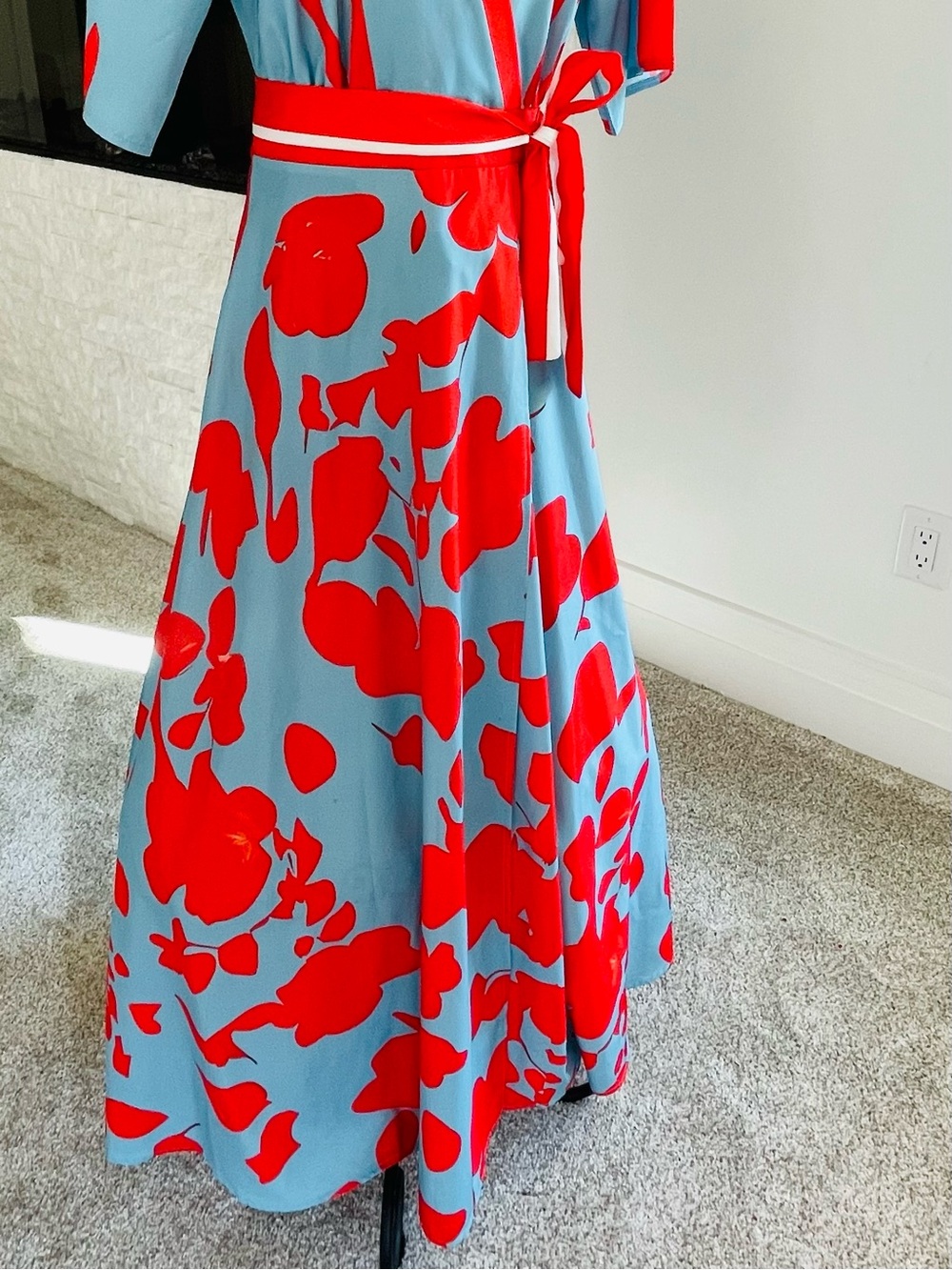 Wrap Maxi Dress in Light Blue with Red Floral Print - Picture 3 of 4